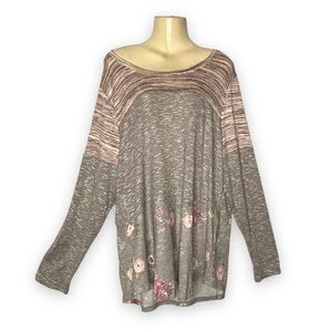 LA Threads Romantic Shirt Floral Mixed Print Long Tunic Spring Top Gray Mauve 1X